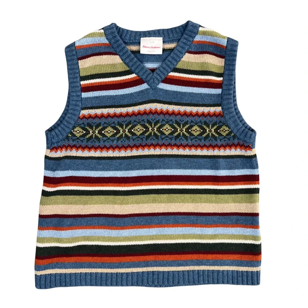 Hanna Andersson Kids Blue Fair Isle Striped Cotton Sweater Vest Size 120 34559